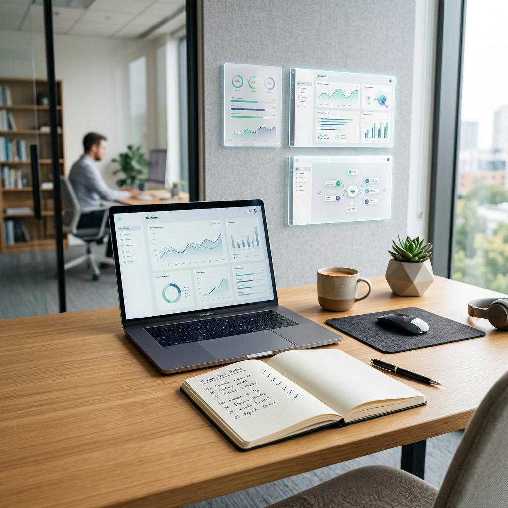 Laptop and wall screens displaying business analytics dashboards in a modern office