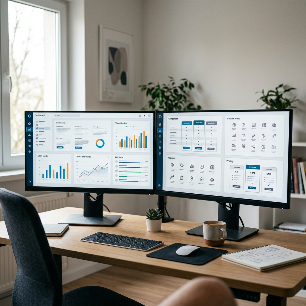 Dual monitors displaying analytics dashboards on a tidy home office desk