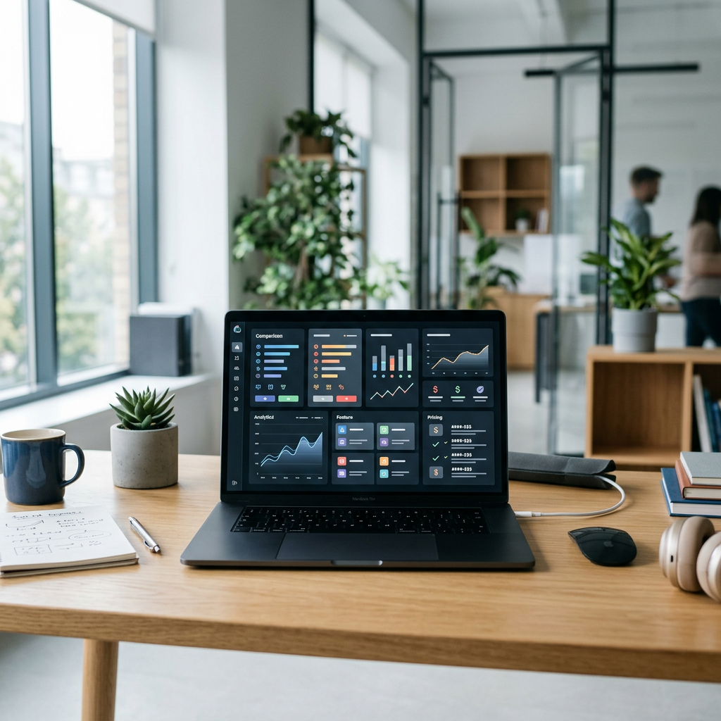 Laptop displaying a colorful business analytics dashboard on an office desk